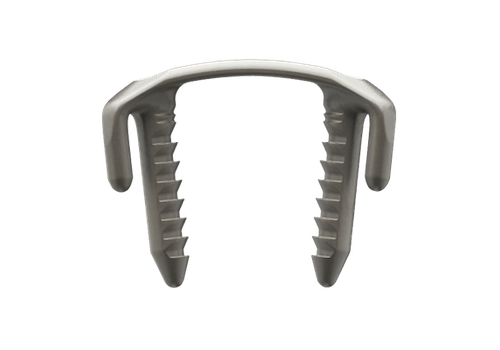 A stainless steel surgical clip with pointed ends and toothed interior for securing tissue or vessels during medical procedures.