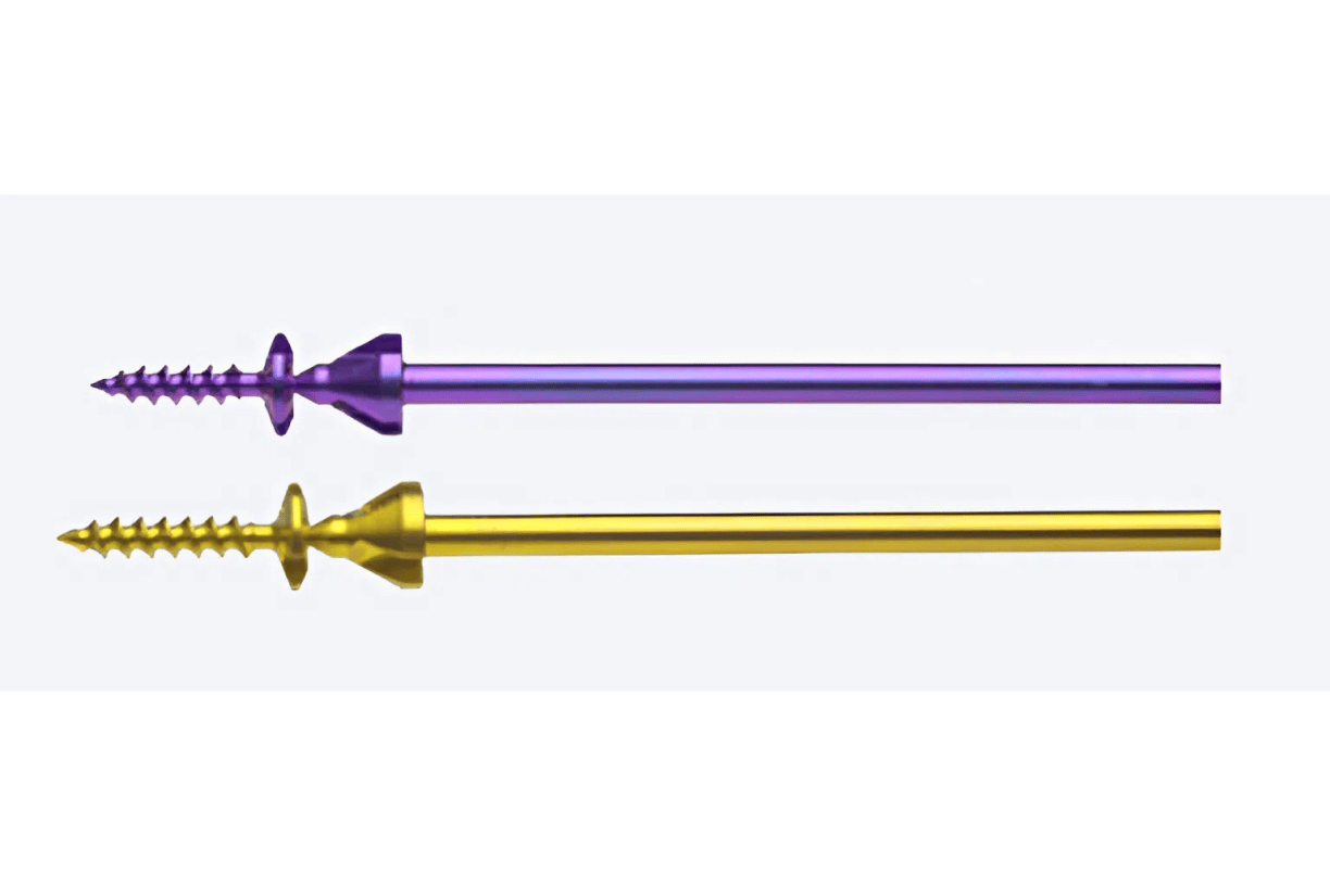 Two metallic screws, one purple and one gold, both with a sleek design, placed side by side on a white background.